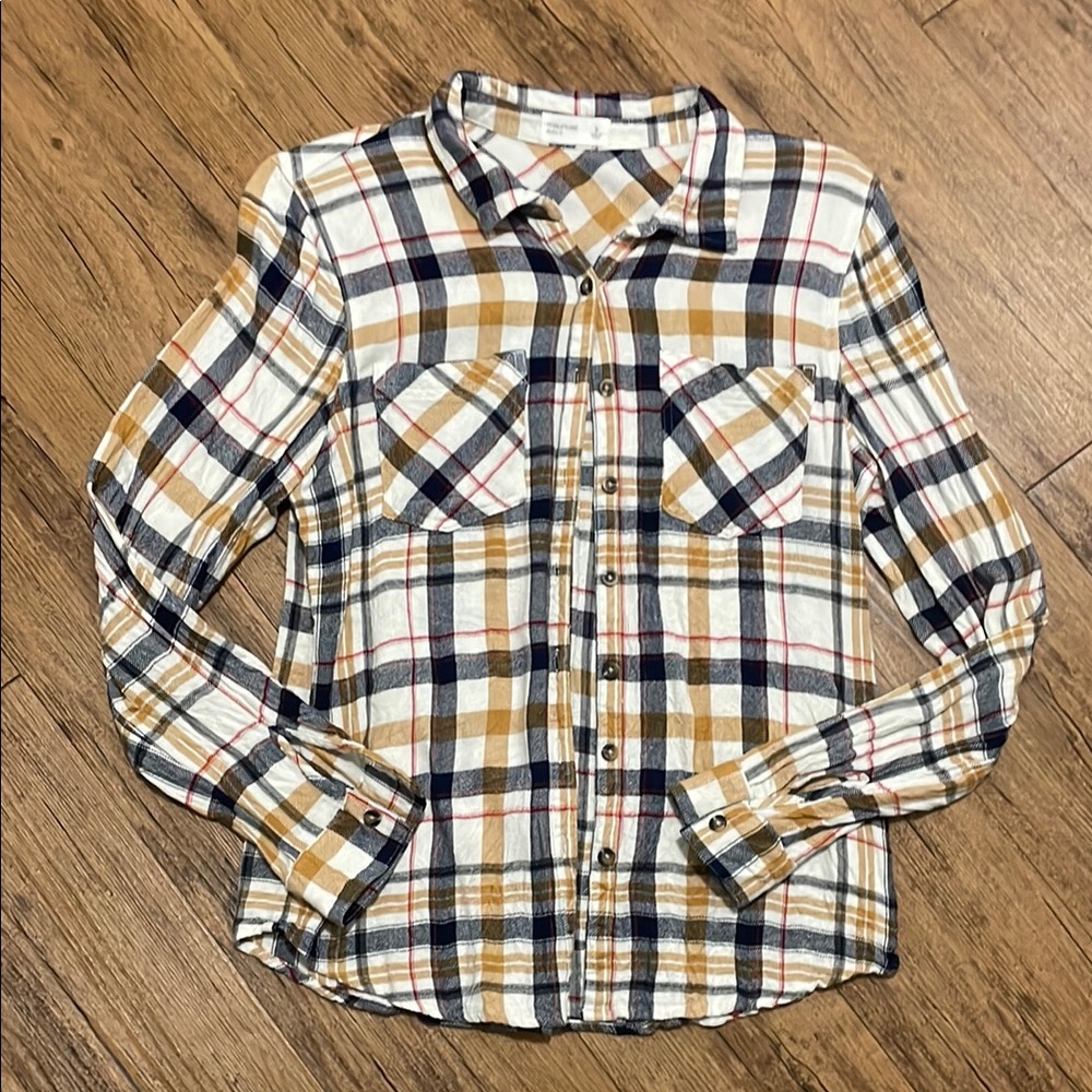 Mustard, navy, red and white flannel plaid shirt